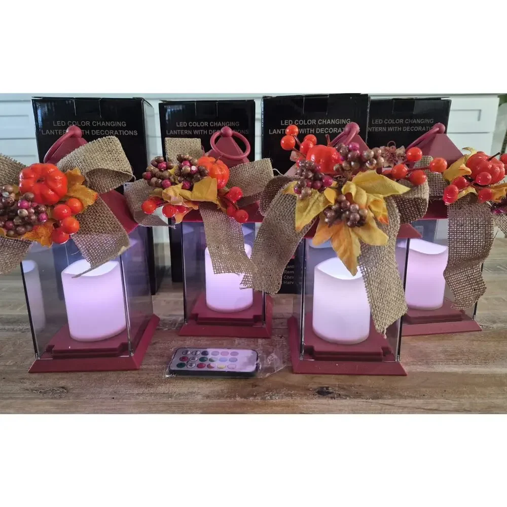 Set of 4 Harvest LED Color Changing Lanterns - Fall Pumpkin Decor - New